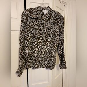 Tess Women's Leopard Print Button-Up Blouse Size 16 100% Silk EUC